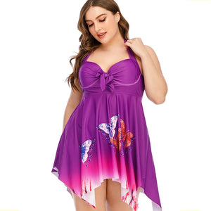 Plus Size Women 2 Piece Gradient Purple Butterfly Print Swimsuit Long Halter Top w Bikini Bottom 