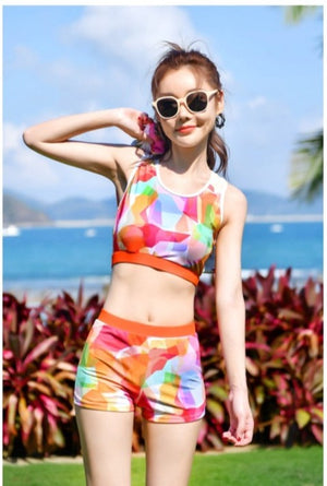 5XL 3 Piece Electric Geometric Print Swimsuit X Long Hoodie Crop Tank w Shorts Plus Size Women