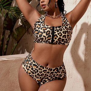 Plus Size Women 2 Piece Leopard Print Swimsuit Halter Vest Top w Bikini Bottom