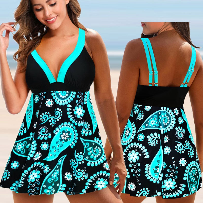 8XL 2 Piece Swimsuit Black Turquoise v Neck sleeveless Top w Shorts Plus Size women