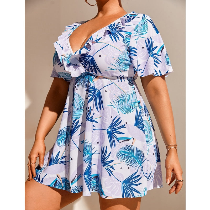 Plus Size 2 Piece Swimsuit White Blue Floral Print Long  Short Sleeve Top w Bikini Bottoms
