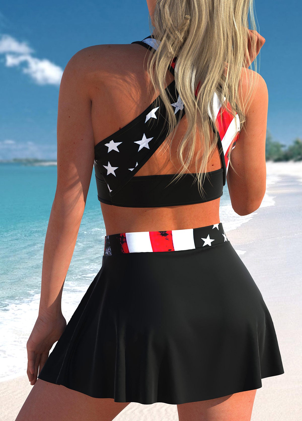 8XL 2 Piece American Flag Stripe Plaid Print Swimsuit  Halter w/ Bikini Skirt Plus Size Women