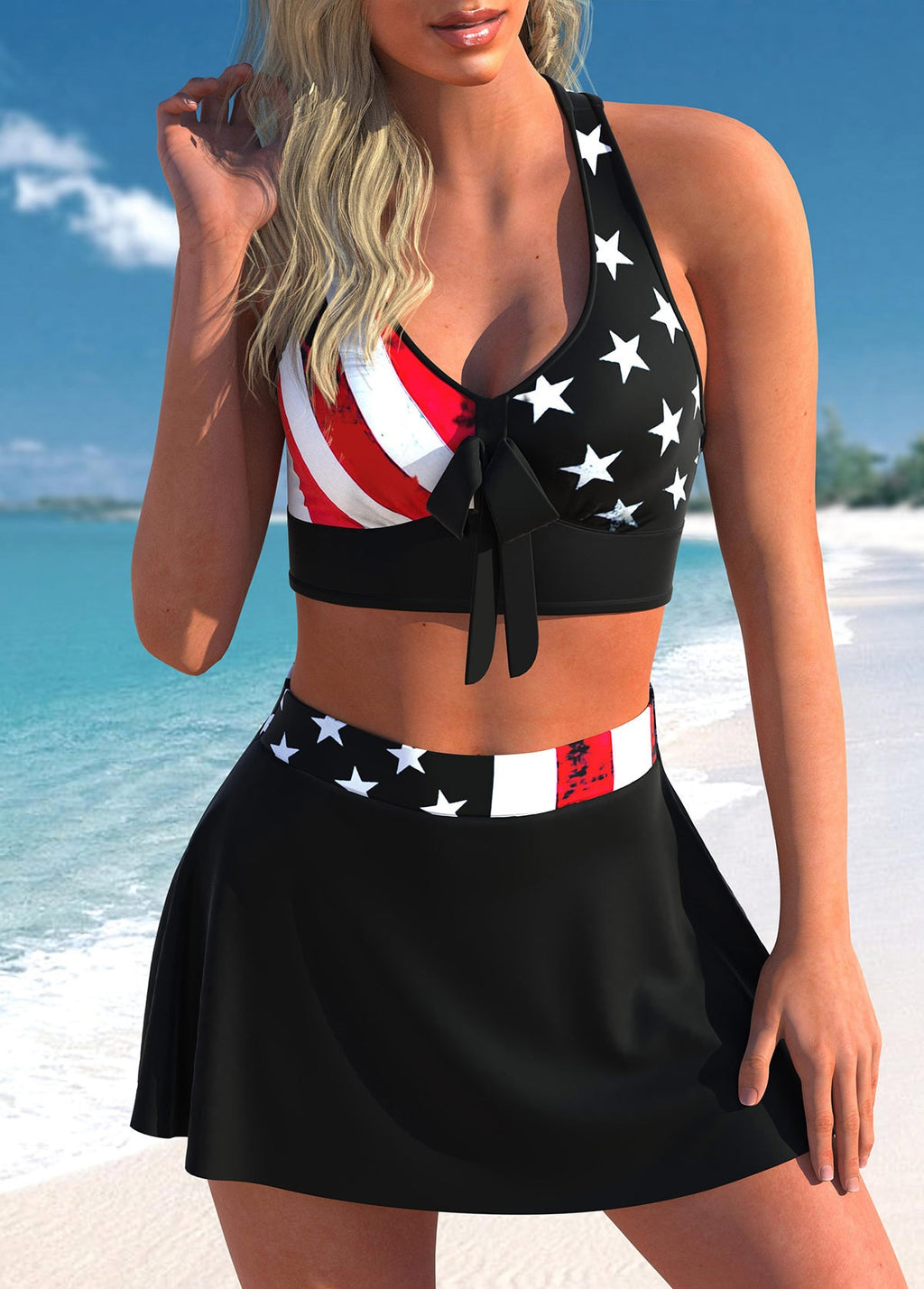 Plus Size Women 2 Piece American Flag Striped Plaid Print Halter w Bikini Skirt 