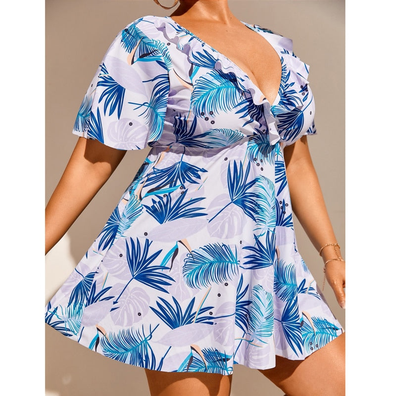 8XL 2 Piece Swimsuit White Blue Floral Print Long Short Sleeve Top w Bikini Bottoms Plus Size Women