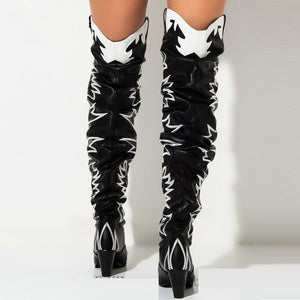 Faux Leather Embroidered Over the Knee Cowgirl Boots Pointed Toe Wedge Heel