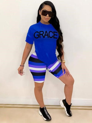 3XL 2 Piece Solid Print & Stripes "Grace" Letter Top w/ Shorts Plus Size Women