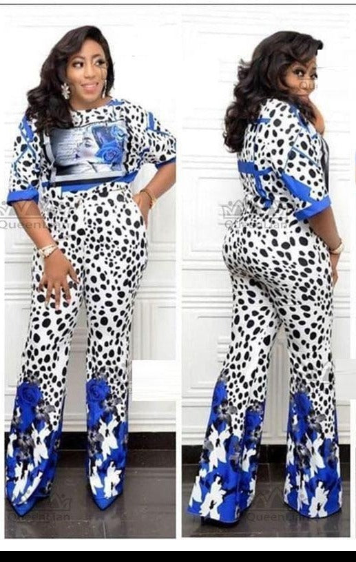 3XL Cheetah & Roses Print O Neck Short Sleeve Top w/ Pants Plus Size Women