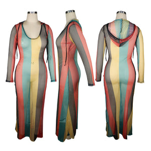2XL Multi-Color Stripe Crochet Mesh Hoodie Cover-Up Beach Dress Long Sleeve Long Length Plus Size Women