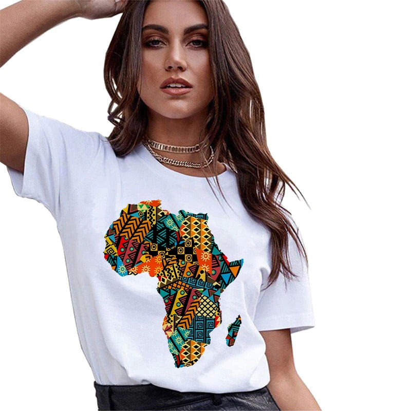 Variety Africa Print Art White T Shirt O Neck Short Sleeve 