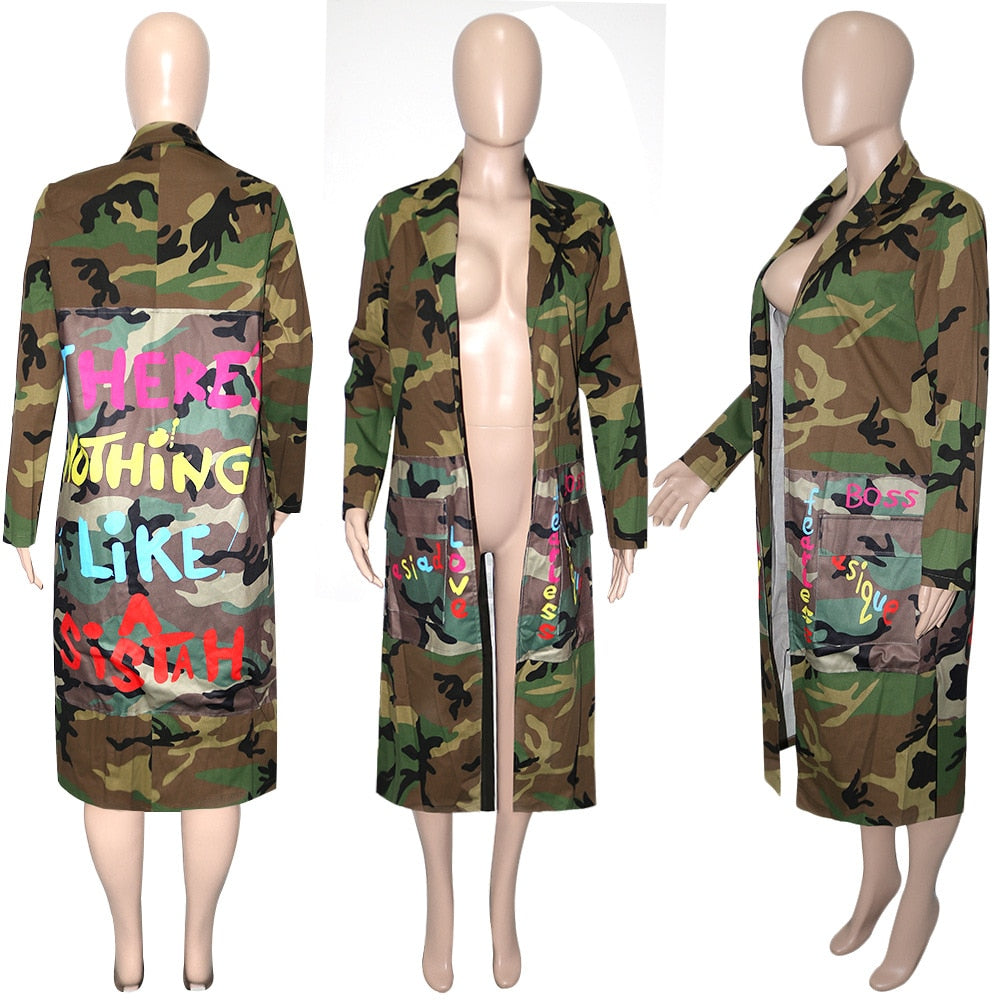 3XL "There's Nothing Like A Sistah" Green Camouflage Trench Coat Long Length Plus Size Women
