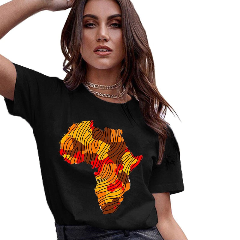 4XL Variety Africa Art Print Black T shirt Round Neck Short Sleeve
