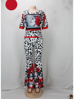 3XL Cheetah & Roses Print O Neck Short Sleeve Top w/ Pants Plus Size Women