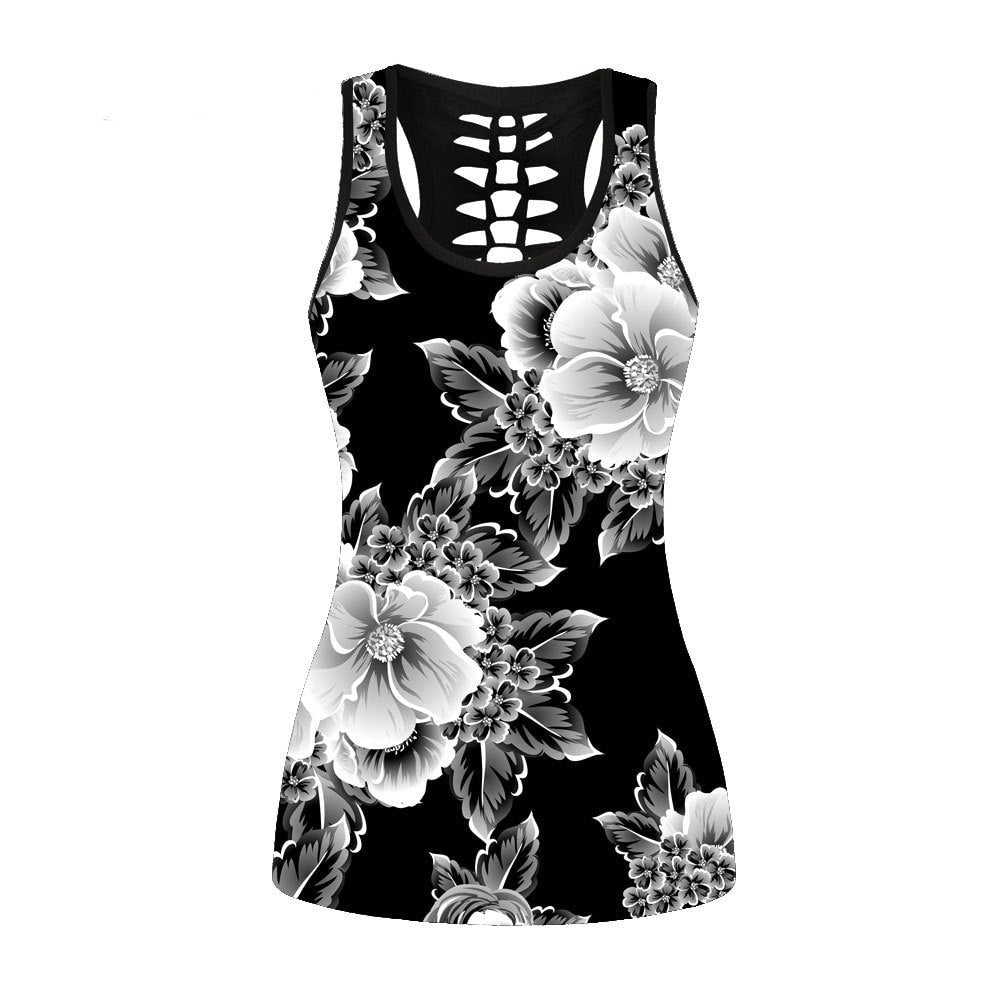 Plus Size Women Black White Floral Print Tank Top Round Neck Sleeveless