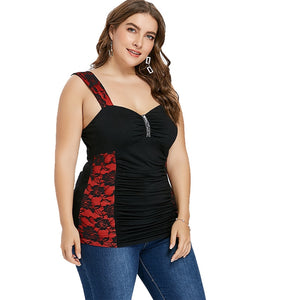 5XL Black Red Floral Lace Fitted Tank Top V Neck Sleeveless Plus Size Women