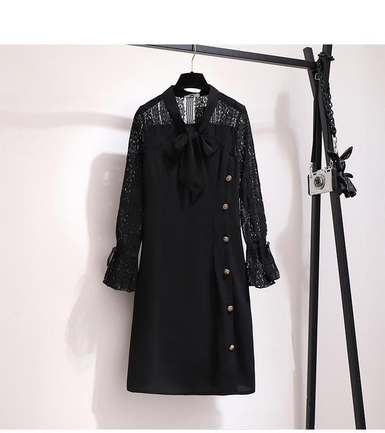 Plus Size Women Black Lace & Bow Autumn Dress V Neck Long Bell Sleeve Knee Length 