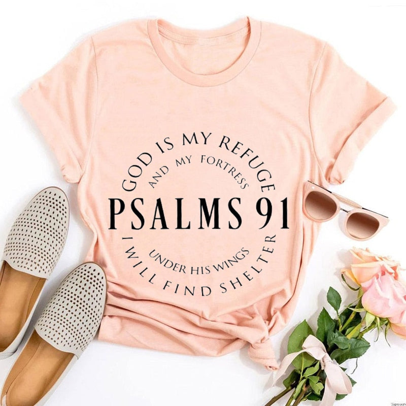 Plus Size Women Psalms 91 Letter T Shirt O Neck Short Sleeve Black White Gray Orange Pink