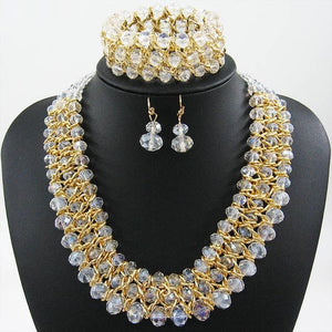 Elegant Beaded Crystal Jewelry Set Necklace Bracelet & Earrings Womens Jewelry