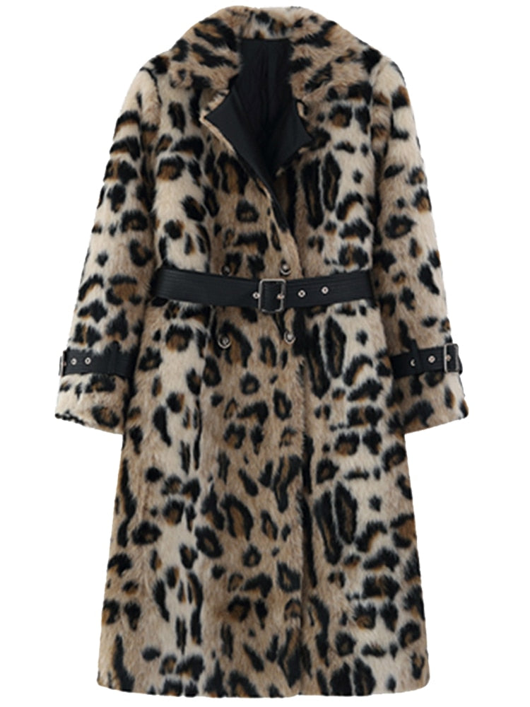 2XL Faux Fur Faux Leather Leopard Print Trench Coat Long Sleeve w/ Sash Plus Size Women