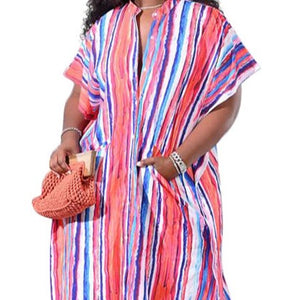4XL Stripe or Leopard Print Loose Fit Dress  Short Sleeve Ankle Length Plus Size Women