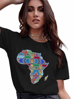 4XL Variety Africa Art Print Black T shirt Round Neck Short Sleeve
