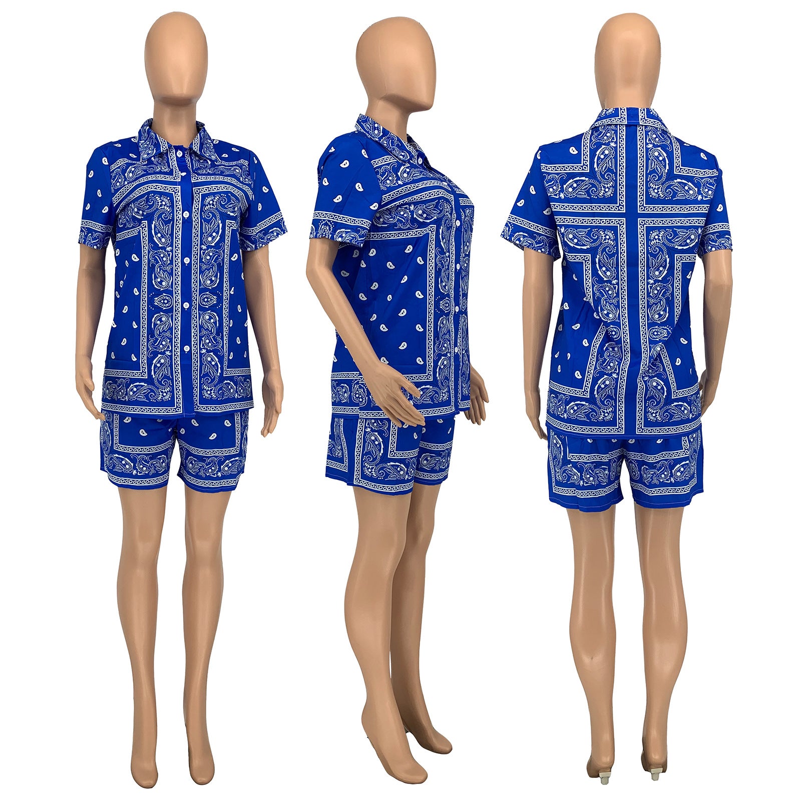 2XL 2 Piece Handkerchief Bandana Print Turn Down Collar Short Sleeve Top w/ Shorts Plus Size Women