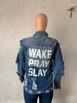 3XL "Wake Pray Slay" Letter Blue Denim Ripped Hole Jacket Plus Size Women