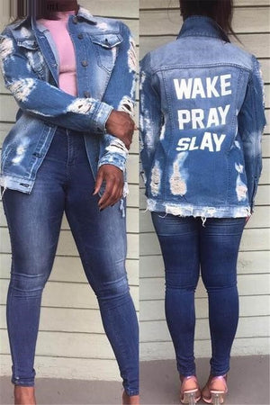 Plus Size Women "Wake Pray Slay" Letter Blue Denim Ripped Hole Jacket
