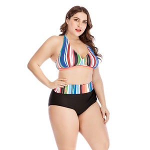 4XL 2 Piece Rainbow Stripe Halter Bikini w/ Bikini Bottoms Plus Size Women Swimwear