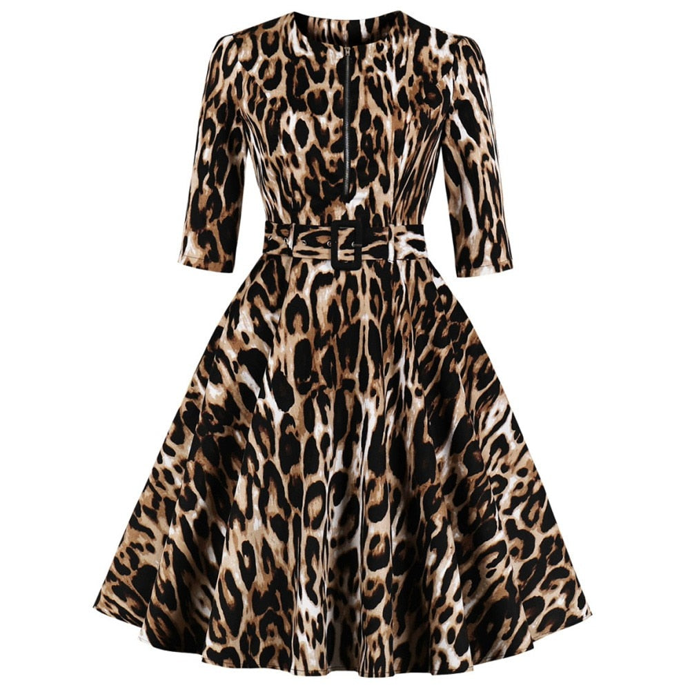 Leopard Print Vintage Swing Dress O Neck 3/4 Sleeve Knee Length