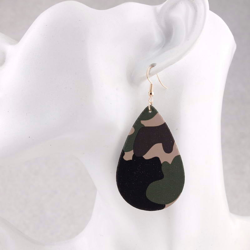 Womens Jewelry Leather Camouflage Print Leather Tear Drop Earrings Red or Green