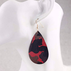 Womens Jewelry Red Camouflage Print Leather Tear Drop Earrings