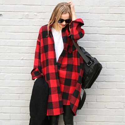 Red or White Plaid Over Coat turn Down Collar Long Sleeves