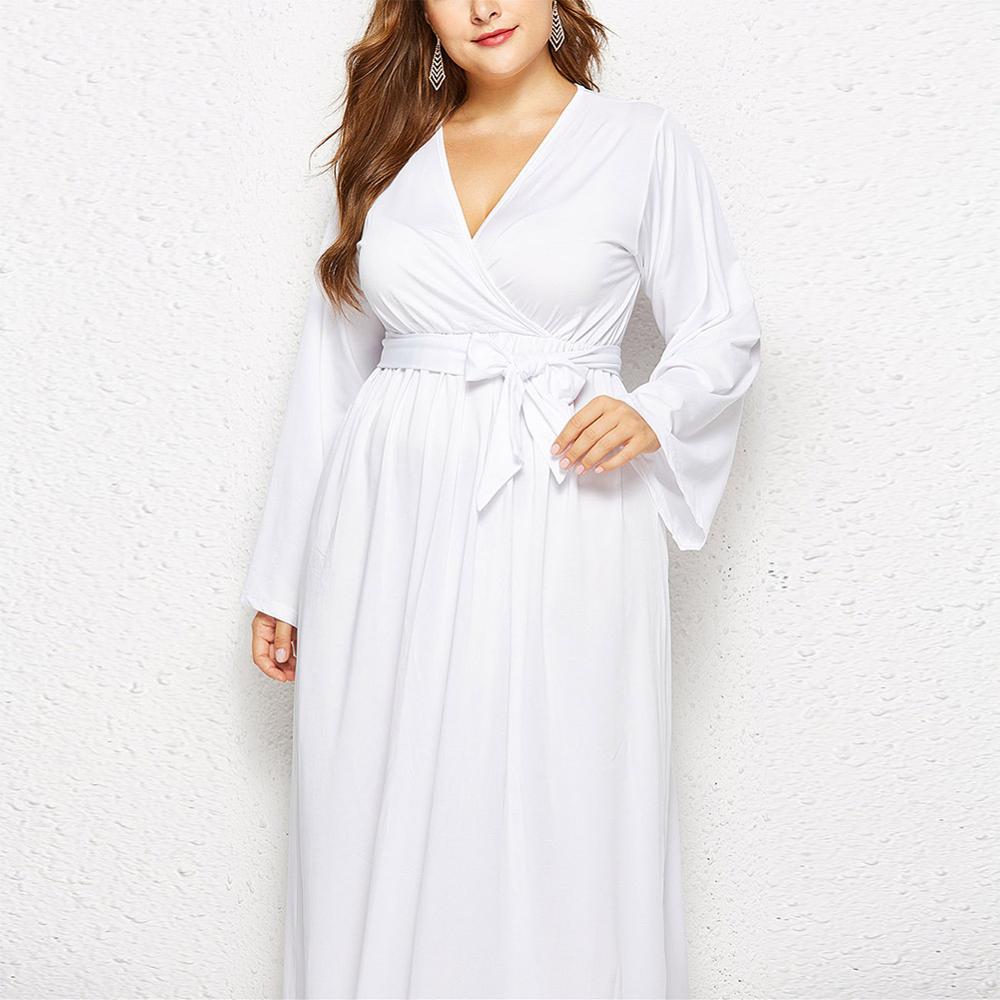 3XL Solid Print Autumn Dress w/Sash V Neck Long Loose Sleeve Long Length Plus Size Women