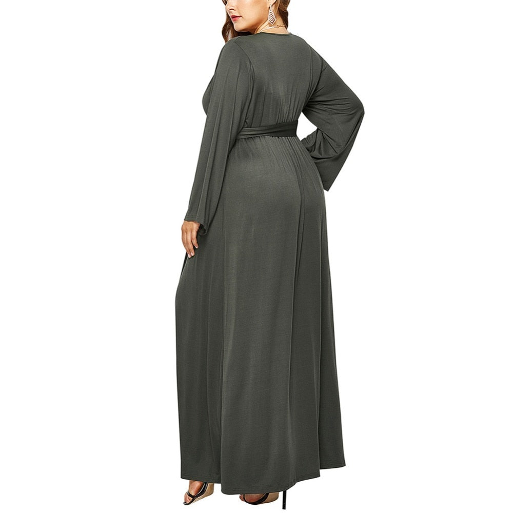 3XL Solid Print Autumn Dress w/Sash V Neck Long Loose Sleeve Long Length Plus Size Women