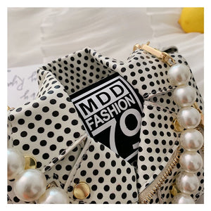 PU Leather Polka Dot & Pearls Biker Jacket Style Crossbody Handbag Womens Accessories