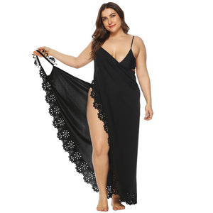 Plus Size Women Solid Print Embroidered Trim Cover-Up Beach Dress Robe V Neck Spaghetti Strap Black or Burgundy