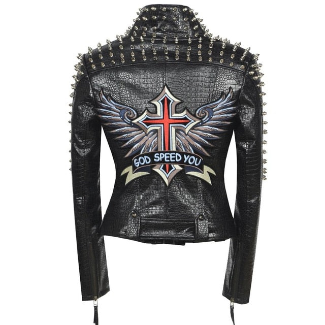 Womens Plus Size Rivet Stud Faux Leather Motorcycle Jack w/ God Speed & Cross Letter V Neck  Black White Red Pink