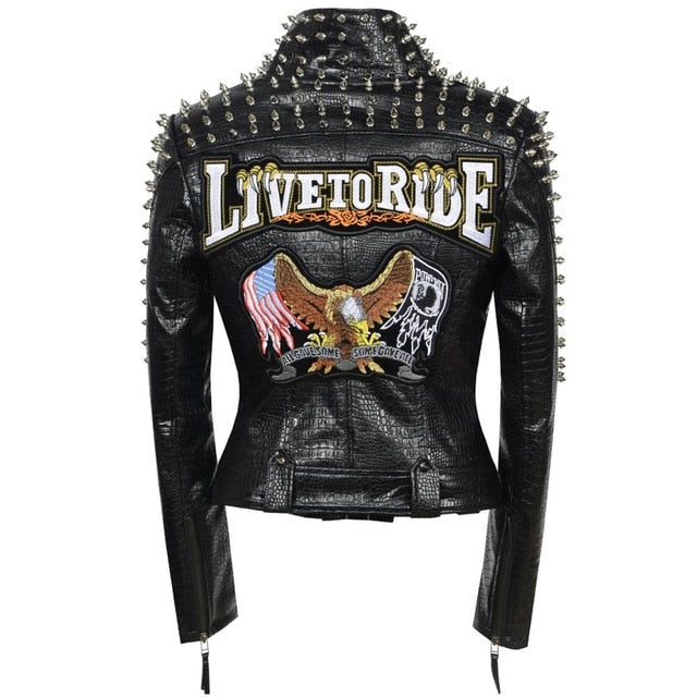 6XL Embroidered "Live To Ride" Rivet Stud Faux Leather Motorcycle Jacket w/ V Neck Plus Size Women