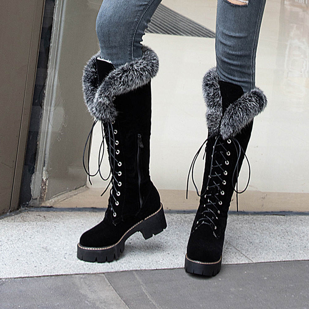Womens Shoes Knee High Flock Winter Snow Boots w/ Fau Fur