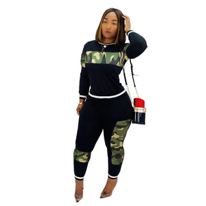 Womens Plus Size 2 Piece Set Patchwork Camouflage or Lepard Print O Neck Long Sleeve Top w/Pants 