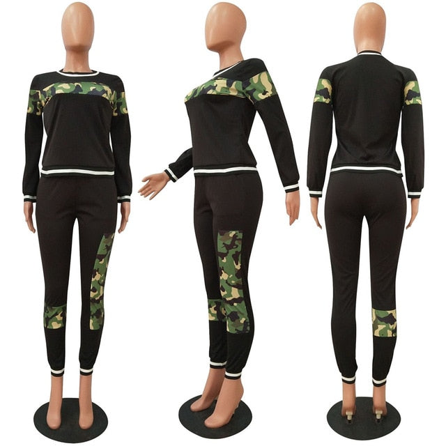 3XL 2 Piece Set Patchwork Black Leopard or Camouflage Print O Neck Long Sleeve Top w/ Pants Plus Size Women