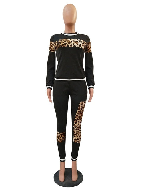 3XL 2 Piece Set Patchwork Black Leopard or Camouflage Print O Neck Long Sleeve Top w/ Pants Plus Size Women