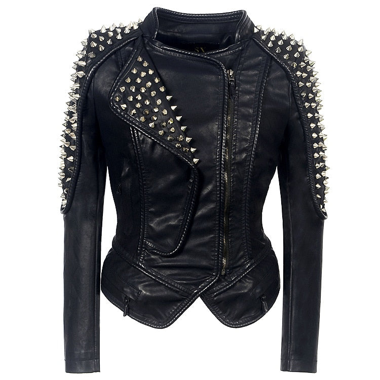 Womens Plus Size 6XL Black Faux Leather Biker Jacket w/ Rivet Embellishings Slim Fit