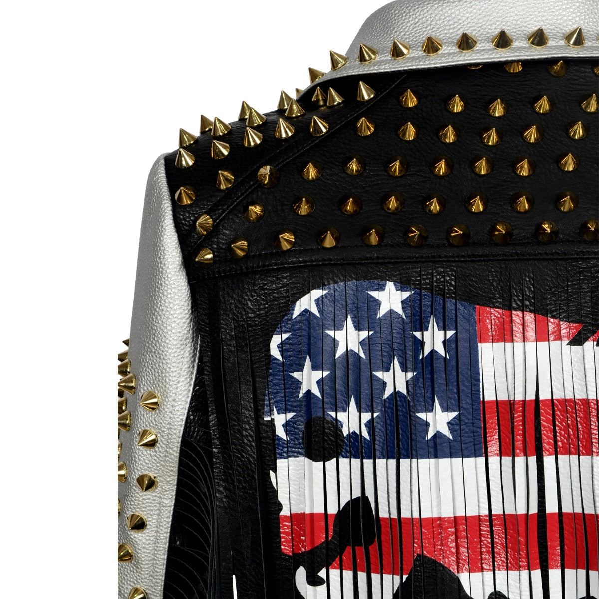 3XL Black & White Patchwork Faux Leather Biker Jacket w/ Punk Spike Embellishings Plus Size Women