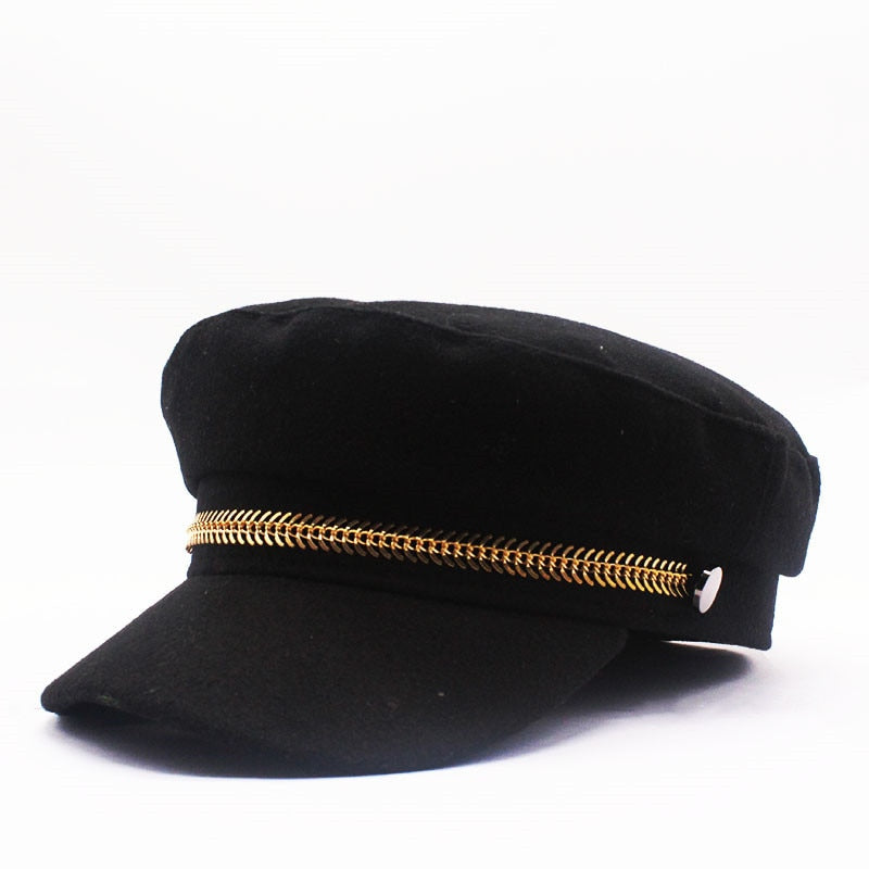 Womens Plus Size Paperboy Navy Wool Cap Black w/ Gold Leaf Trim 