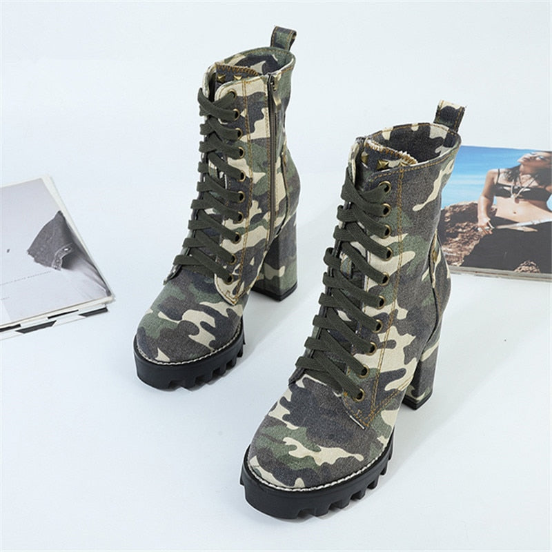 Womens Shoes Green Camouflage Print Lace Up Chunky Work Boots