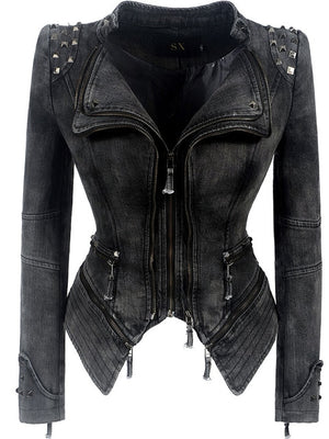6XL Vintage Denim Motorcycle Jacket w/ Rivet Studs Stand Collar Double Lapel Plus Size Women