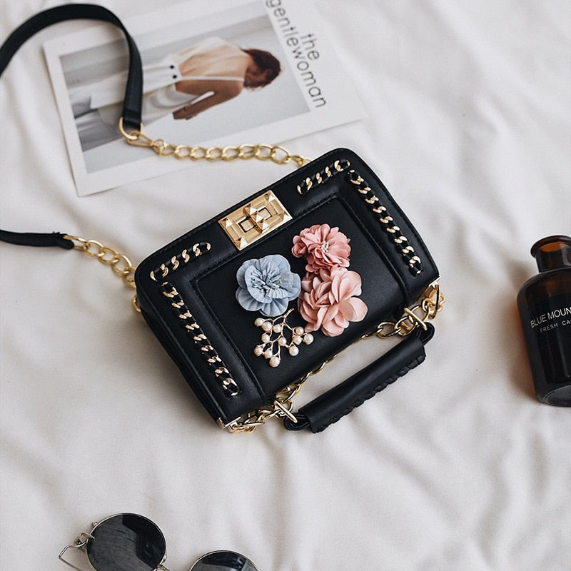 Faux Leather Floral Design Clutch Handbag Womens Accessories