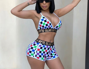 Plus Size Women 2 Piece Multi-Color Checkered Swimsuit