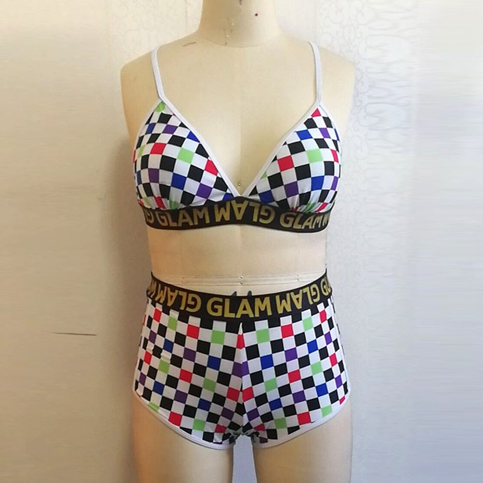 2XL 2 Piece Multi-Color Checkered Swimsuit Plus Size Women